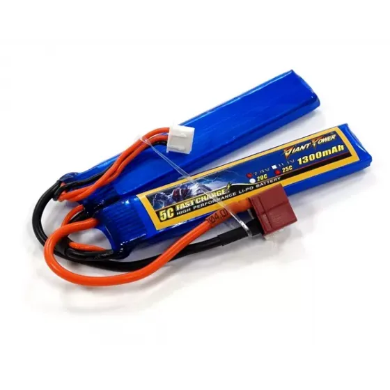 Аккумулятор для страйкбола Dinogy Li-Pol 7.4V 2S 1300mAh 25C 2 лепестка 7.5х18х96мм T-Plug фото 1