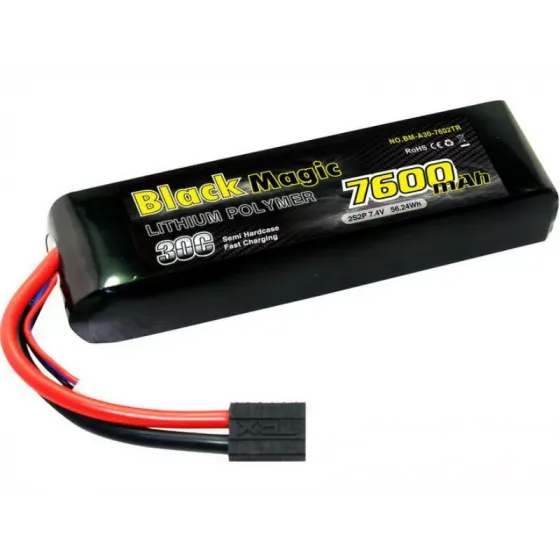 Аккумулятор Black Magic 7,4В(2S) 7600mAh Traxxas plug LiPo 30C Soft Case for TRAXXAS фото 1