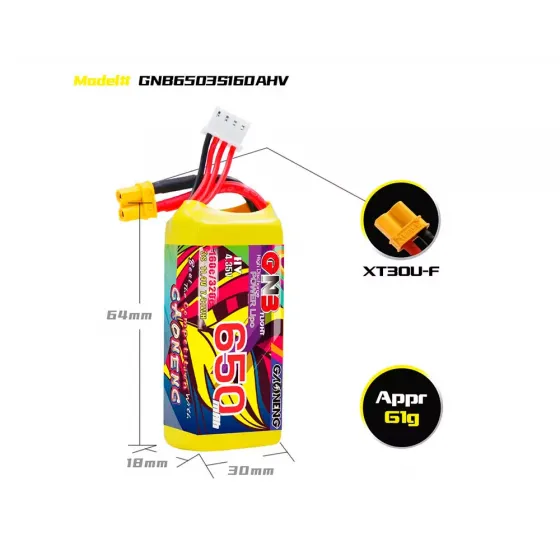 Аккумулятор GNB 11.4V 650mah 160C Li-Po 3S1P HV XT30 фото 2