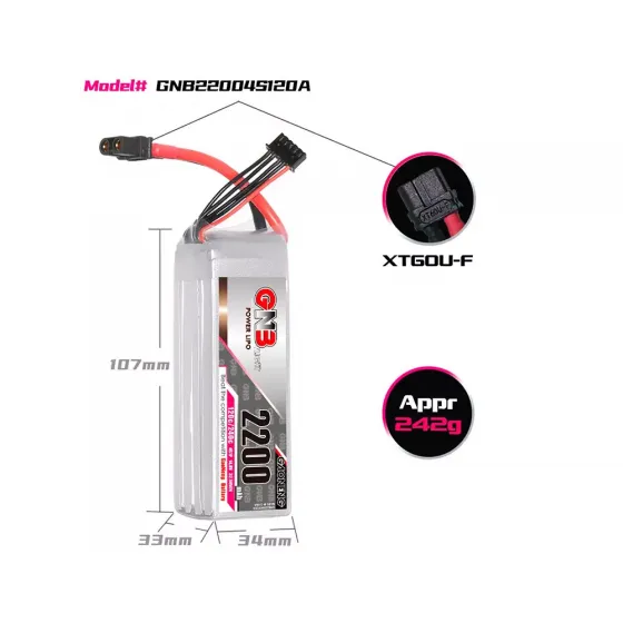Аккумулятор GNB 14.8V 2200mah 120C Li-Po 4S1P XT60 фото 2