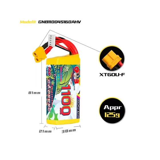 Аккумулятор GNB 15.2V 1100mah 160C Li-Po 4S1P HV XT60 фото 2