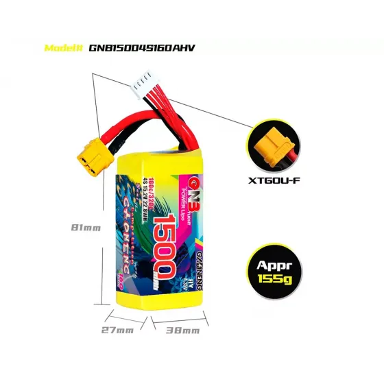 Аккумулятор GNB 15.2V 1500mah 160C Li-Po 4S1P HV XT60 фото 3