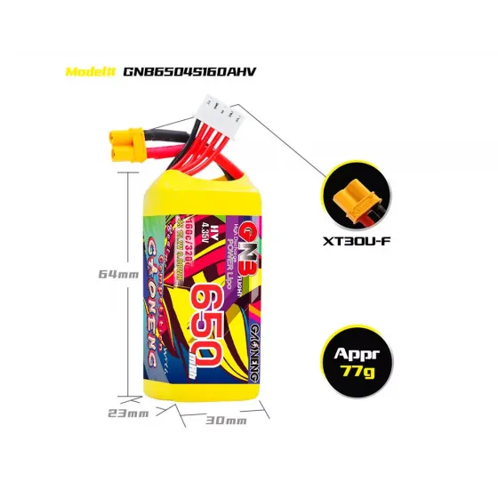 Аккумулятор GNB 15.2V 650mah 160C Li-Po 4S1P HV XT30 фото 2