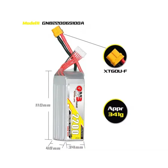 Аккумулятор GNB 22.2V 2200mah 100C Li-Po 6S1P XT60 фото 2