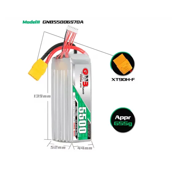 Аккумулятор GNB 22.2V 5500mah 70C Li-Po 6S1P XT90 фото 2