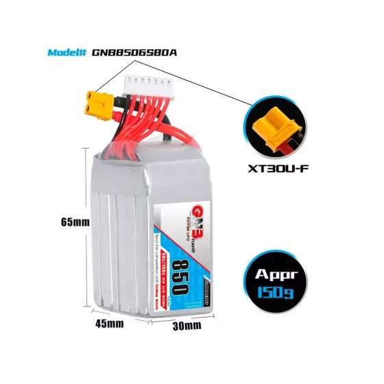 Аккумулятор GNB 22.2V 850mah 80C Li-Po 6S1P SQUARE TYPE XT30 фото 2
