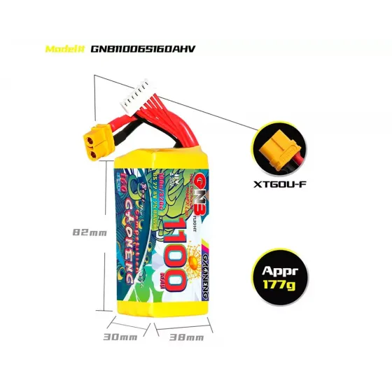 Аккумулятор GNB 22.8V 1100mah 160C Li-Po 6S1P HV XT60 фото 3