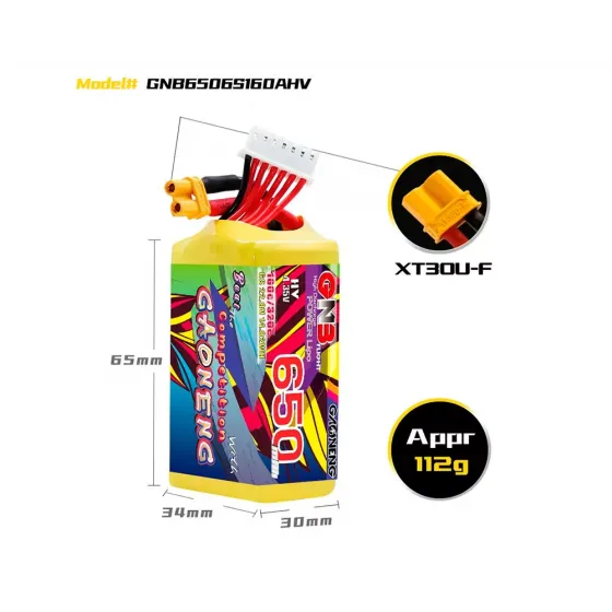 Аккумулятор GNB 22.8V 650mah 160C Li-Po 6S1P HV XT30 фото 3
