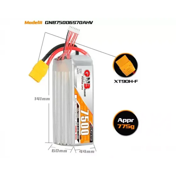 Аккумулятор GNB 22.8V 7500mah 70C Li-Po 6S1P HV XT90 фото 2