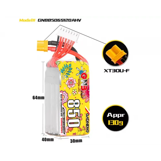 Аккумулятор GNB 22.8V 850mah 120C Li-Po 6S1P HV XT30 фото 2