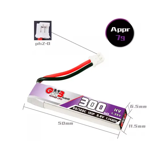 Аккумулятор GNB 3.8V 300mah 60C Li-Po 1S1P HV PH2.0 (Cabled) фото 3