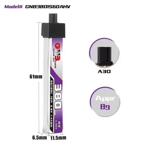 Аккумулятор GNB 3.8V 380mah 60C Li-Po 1S1P HV A30 (Plastic head) фото 2