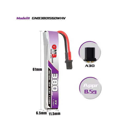 Аккумулятор GNB 3.8V 380mah 60C Li-Po 1S1P HV A30 (Cabled) фото 2