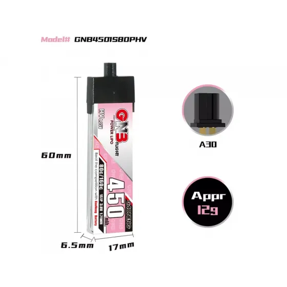 Аккумулятор GNB 3.8V 450mah 80C Li-Po 1S1P HV A30 (Plastic head) фото 2