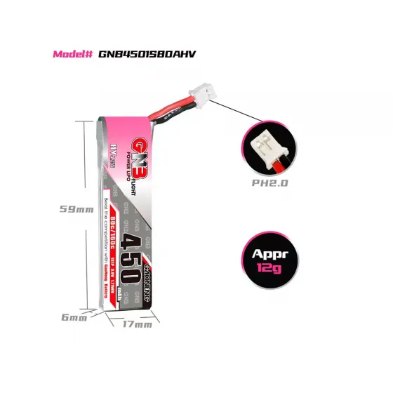 Аккумулятор GNB 3.8V 450mah 80C Li-Po 1S1P HV PH2.0 (Cabled) фото 2