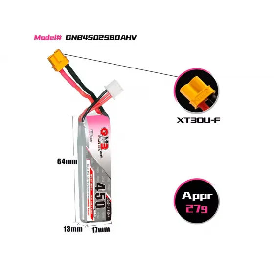 Аккумулятор GNB 7.6V 450mah 80C Li-Po 2S1P HV LONG TYPE XT30 фото 2