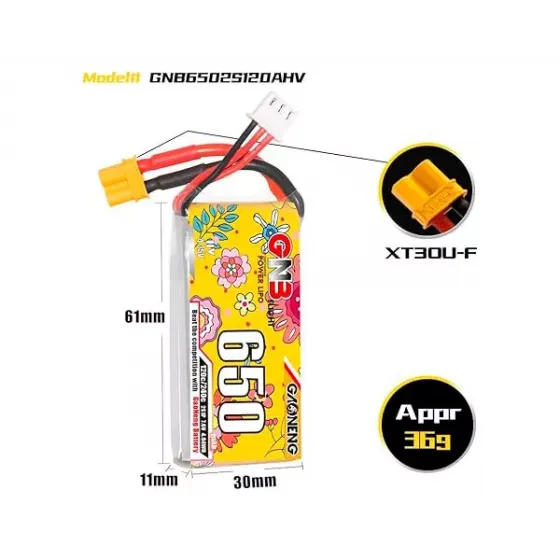 Аккумулятор GNB 7.6V 650mah 120C Li-Po 2S1P HV XT30 фото 2