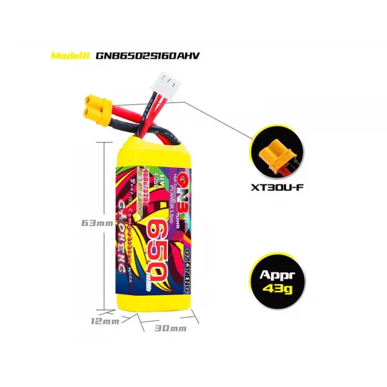 Аккумулятор GNB 7.6V 650mah 160C Li-Po 2S1P HV XT30 фото 2